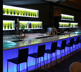 LED lighting used to great effect on the Bar Counter and Gantry