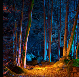 An area of woodland at the bottom of a garden illuminated with blue metal halide floodlights, high pressure sodium flood light and green & red LED spotlights 
